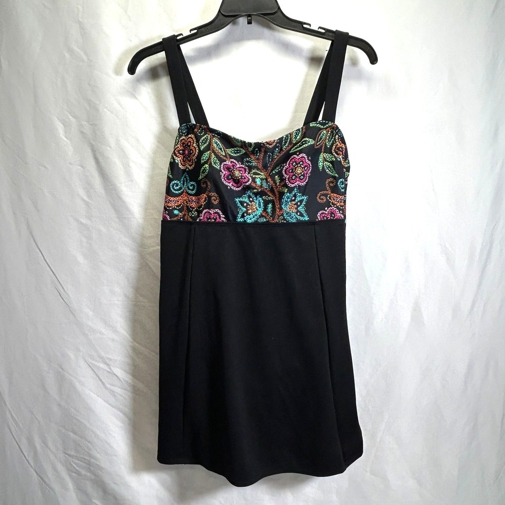 Swim Dress Plus Size 18W Tummy Slimmer Empire Swimsuit Skirt Coverage Belt Black